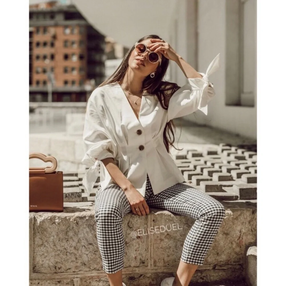 Zara Button-up Blouse w/Bows Linen‎ Puff Sleeve Blouse Pleated Top S classic